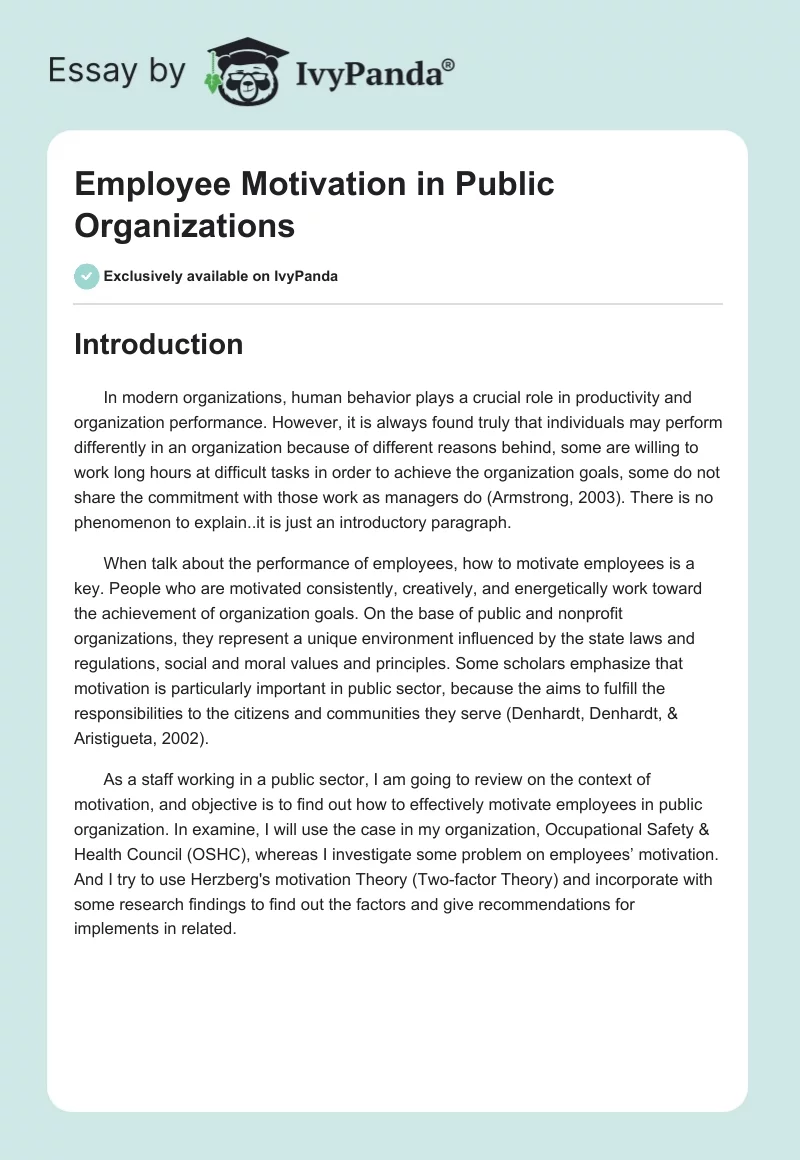 Employee Motivation in Public Organizations. Page 1