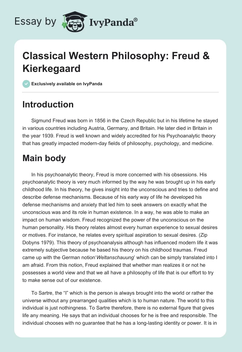 Classical Western Philosophy: Freud & Kierkegaard. Page 1