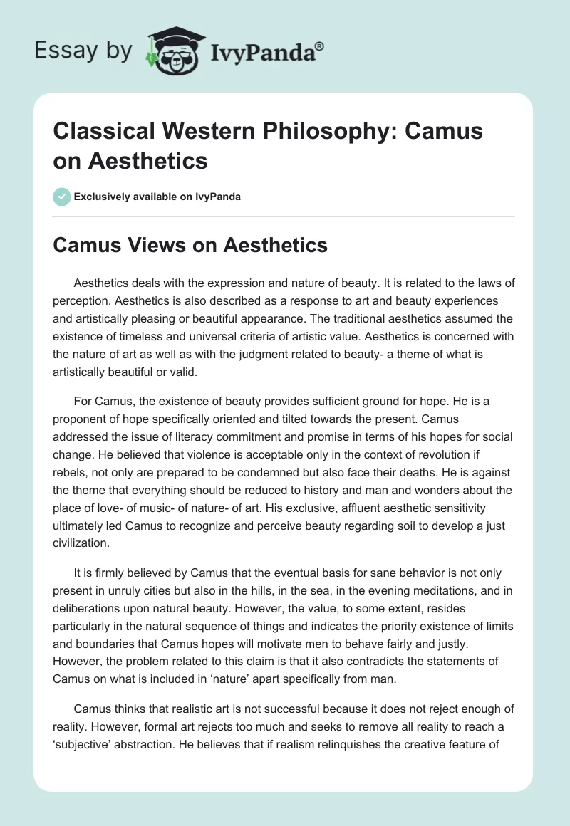 Classical Western Philosophy: Camus on Aesthetics. Page 1