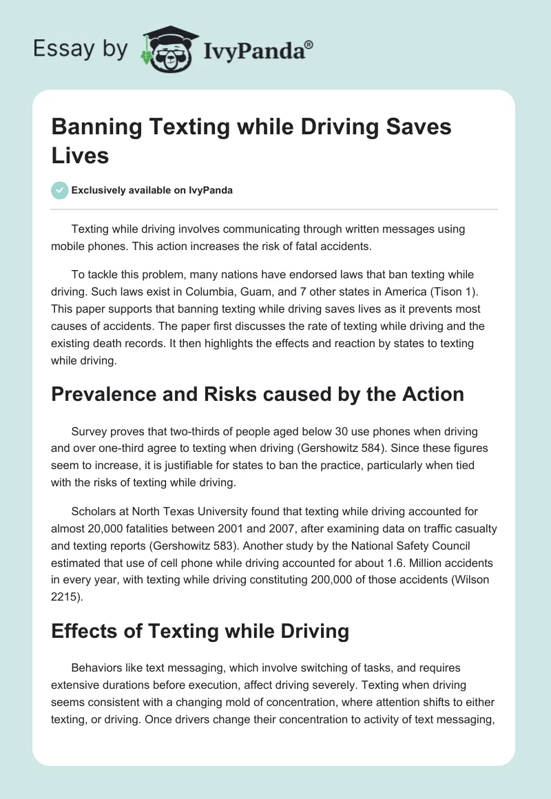 Banning Texting while Driving Saves Lives. Page 1