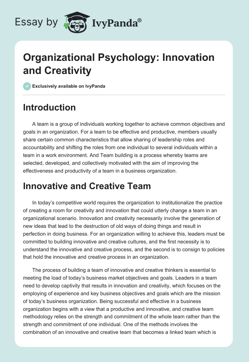 Organizational Psychology: Innovation and Creativity. Page 1