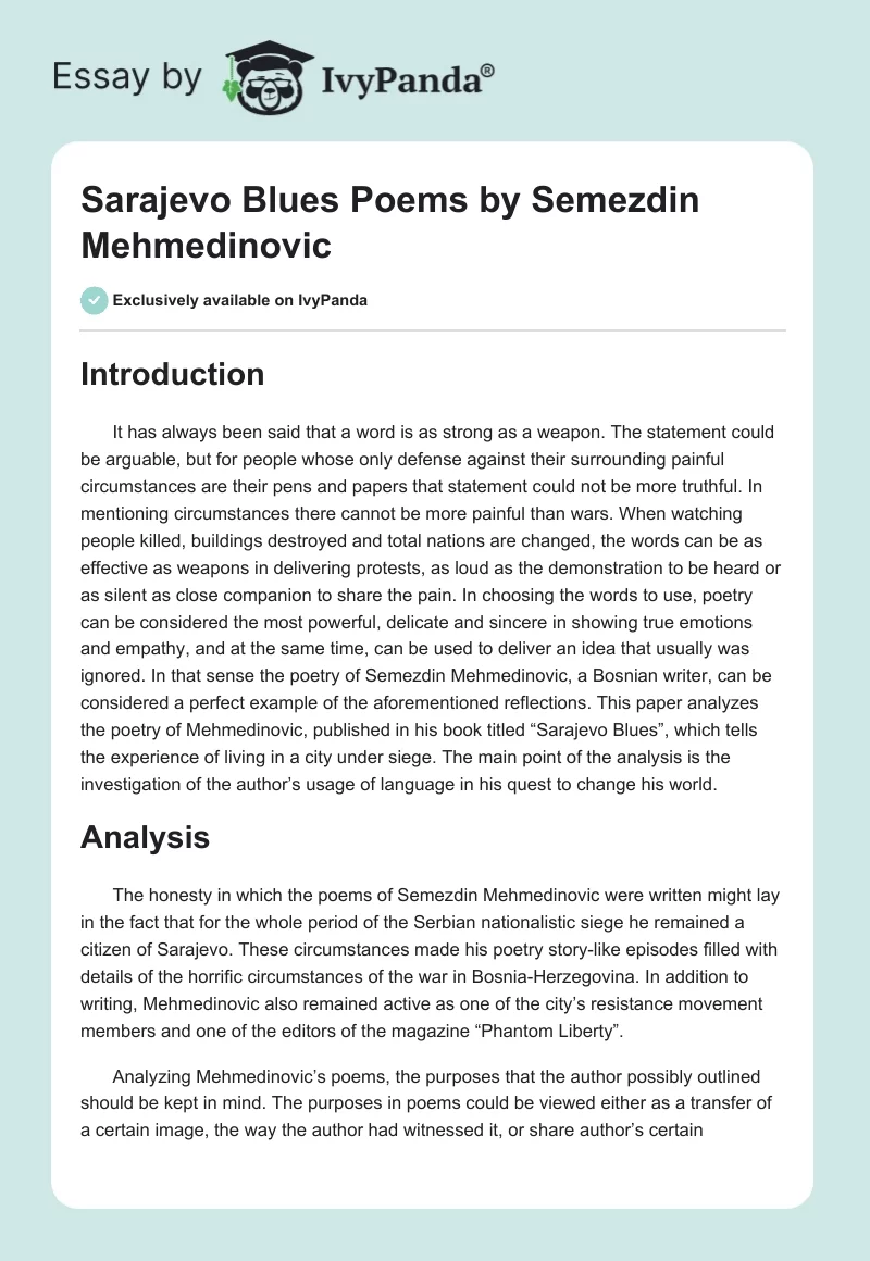 Sarajevo Blues Poems by Semezdin Mehmedinovic. Page 1