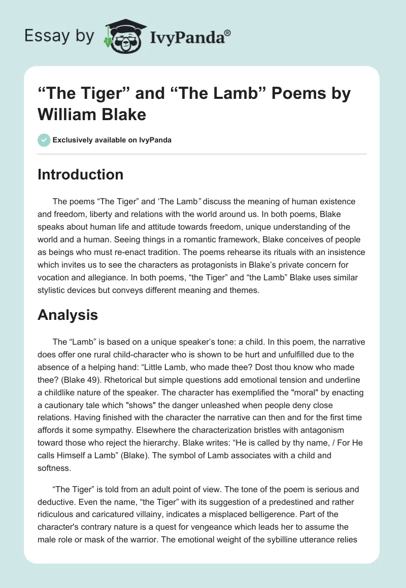 “The Tiger” and “The Lamb” Poems by William Blake. Page 1