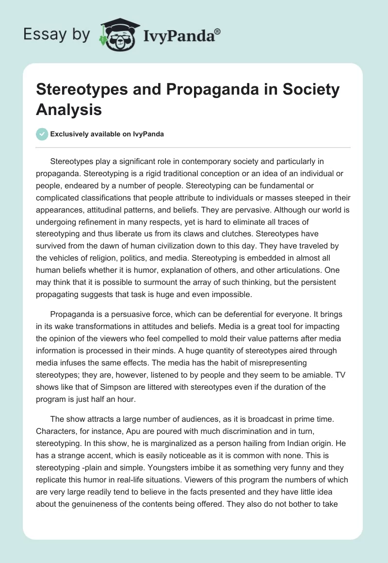 Stereotypes and Propaganda in Society Analysis. Page 1