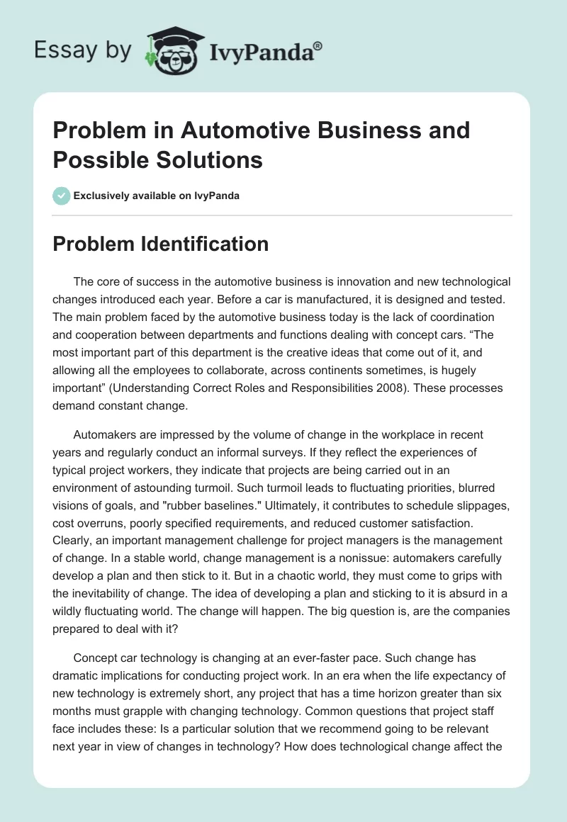 Problem in Automotive Business and Possible Solutions. Page 1