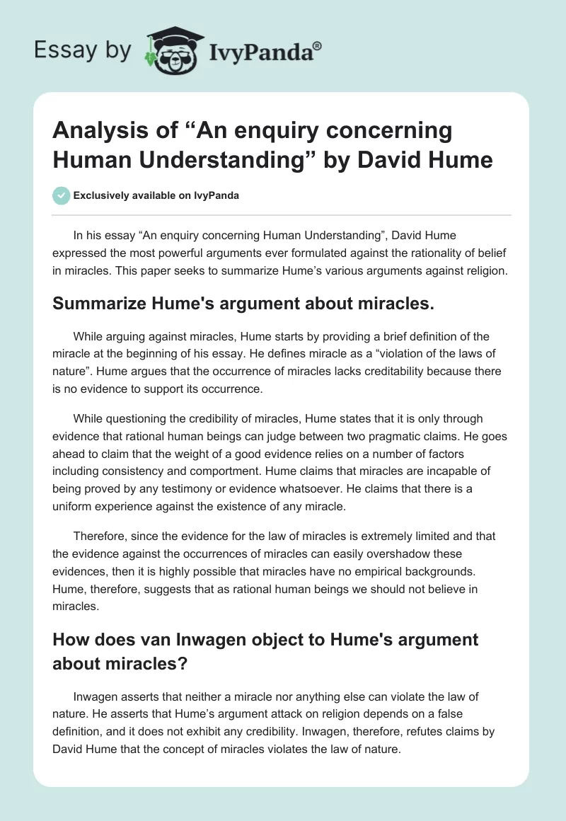 Analysis of “An enquiry concerning Human Understanding” by David Hume. Page 1
