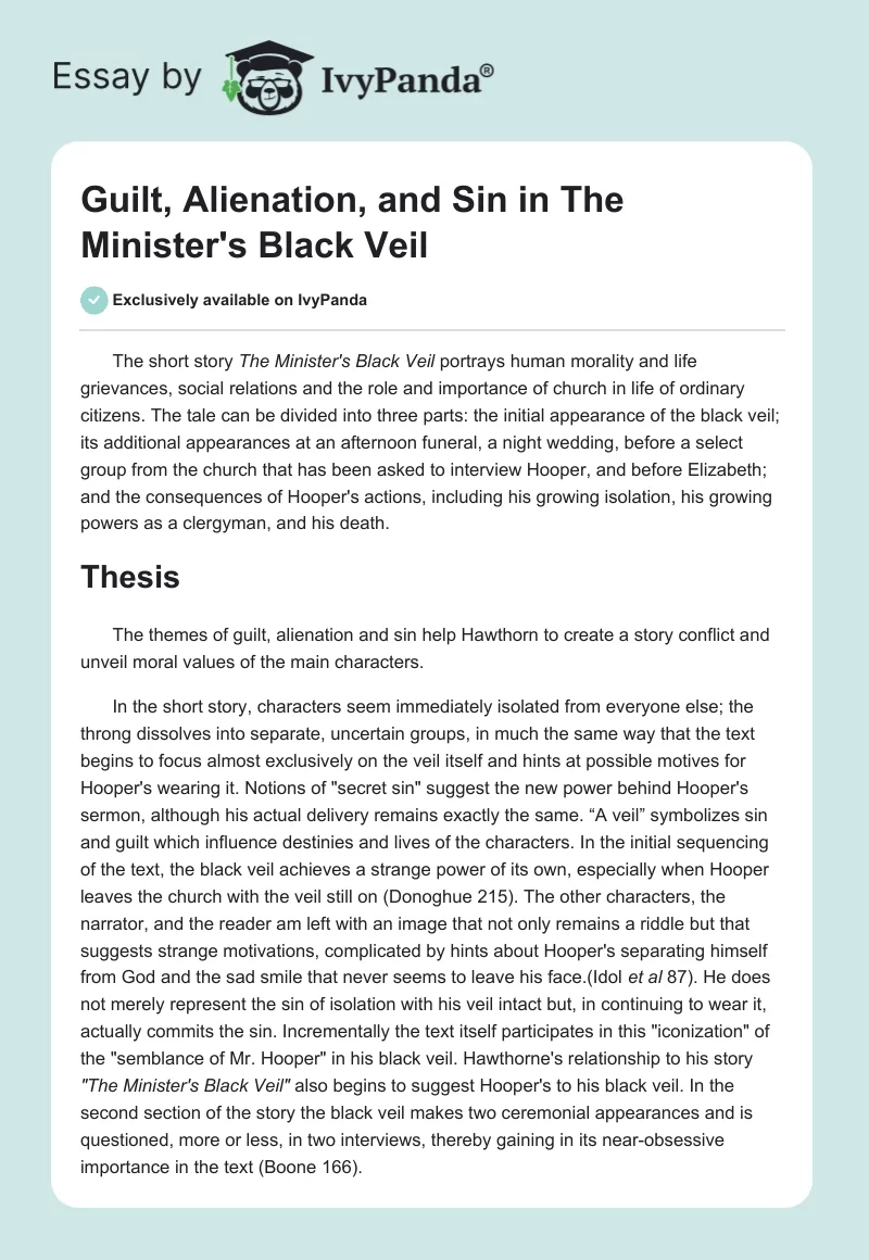 Guilt, Alienation, and Sin in The Minister's Black Veil. Page 1