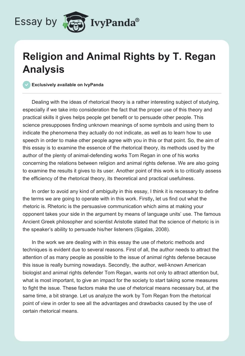 Religion and Animal Rights by T. Regan Analysis. Page 1