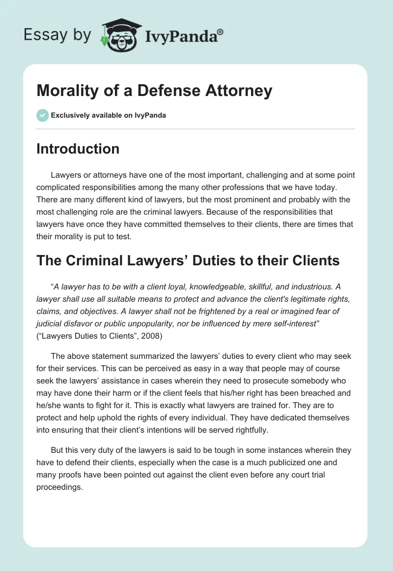Morality of a Defense Attorney. Page 1