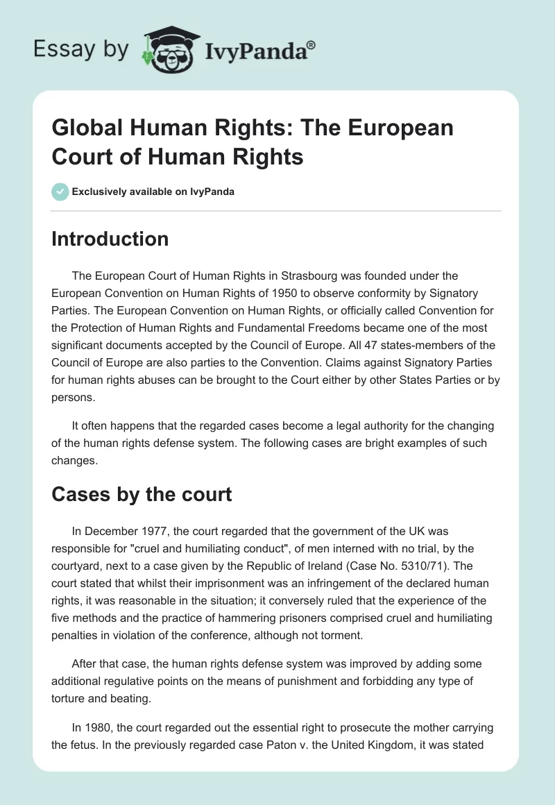 Global Human Rights: The European Court of Human Rights. Page 1