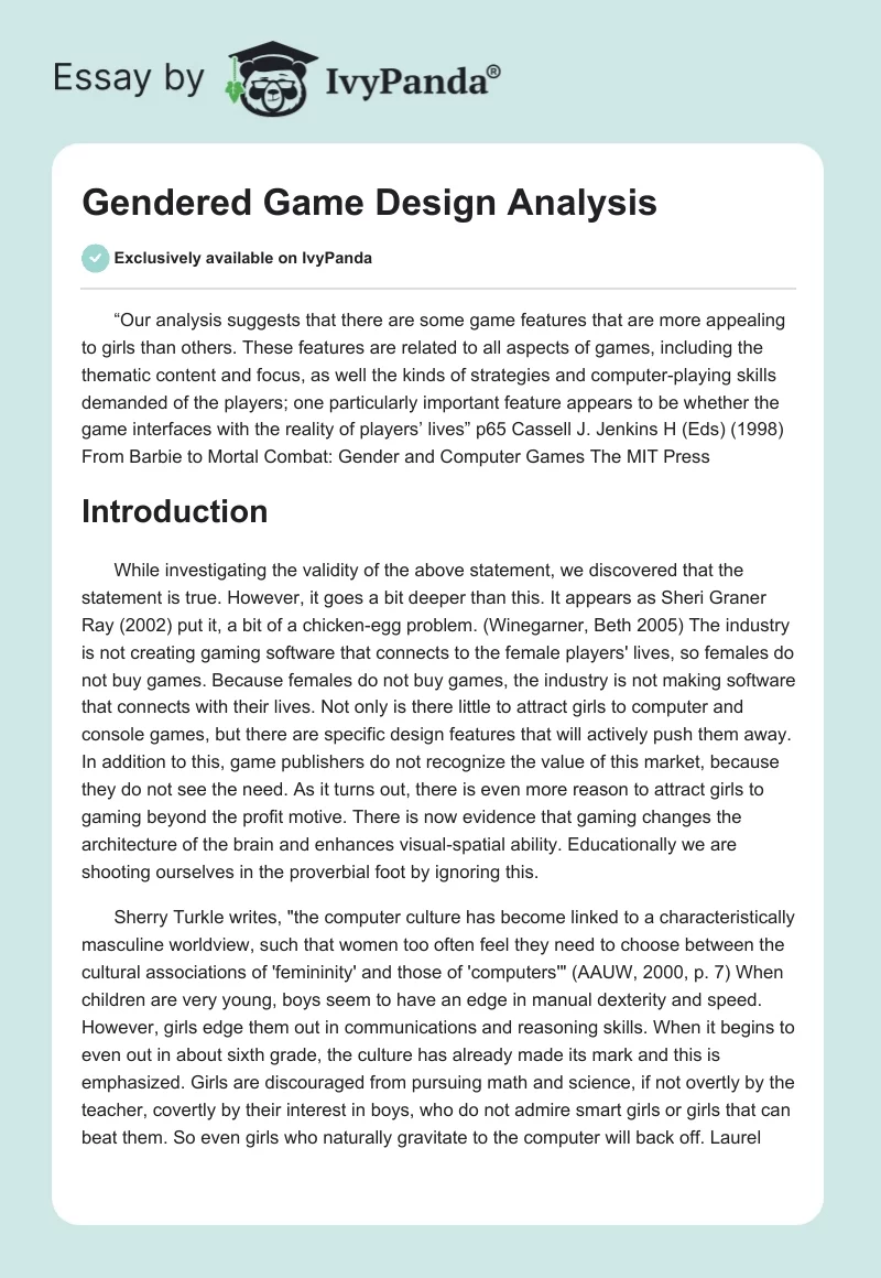 Gendered Game Design Analysis. Page 1