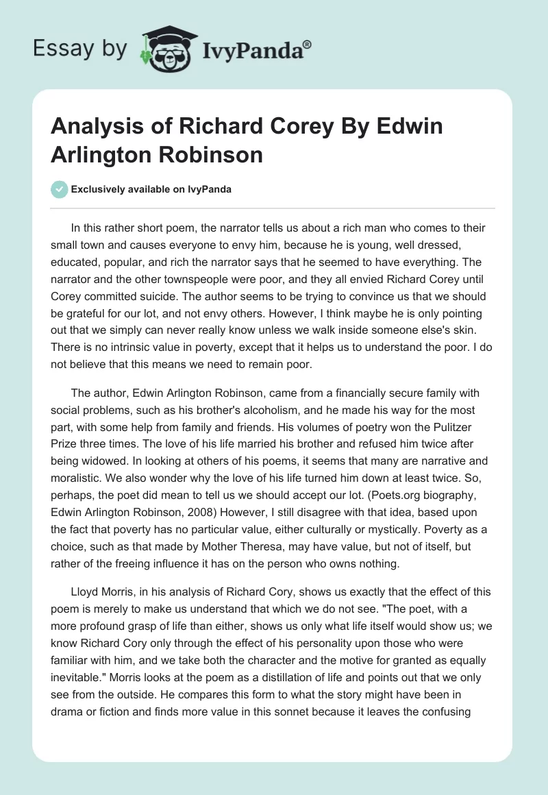 Analysis of Richard Corey By Edwin Arlington Robinson. Page 1