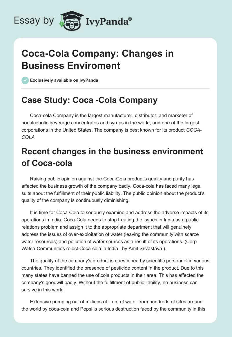 Coca-Cola Company: Changes in Business Enviroment. Page 1