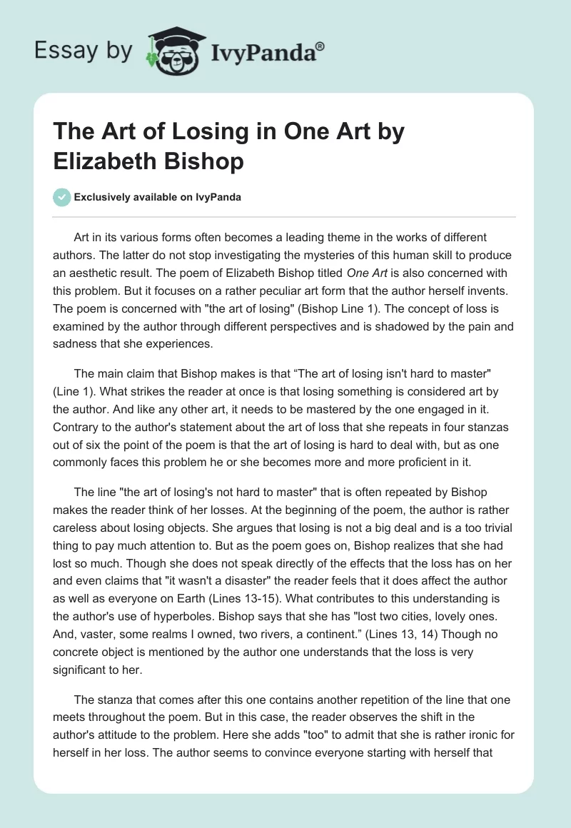The Art of Losing in "One Art" by Elizabeth Bishop. Page 1