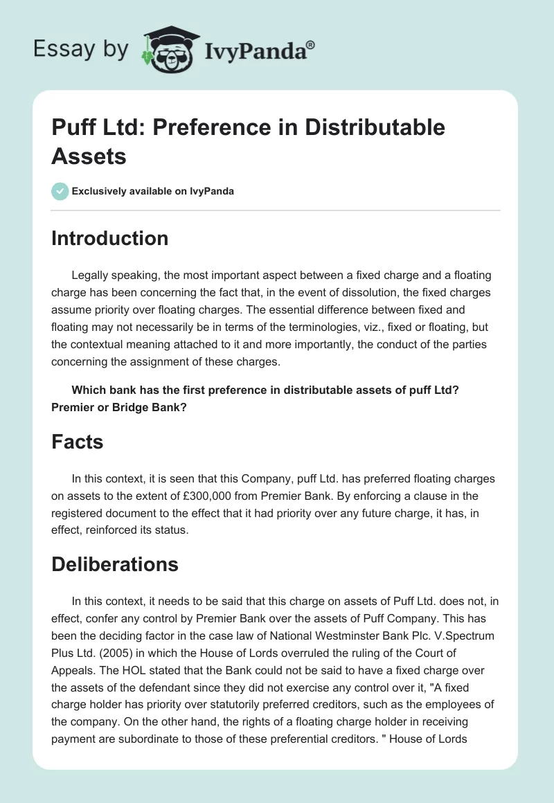 Puff Ltd: Preference in Distributable Assets. Page 1