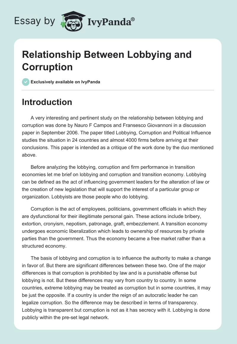 Relationship Between Lobbying and Corruption. Page 1