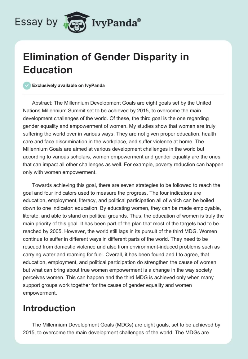 Elimination of Gender Disparity in Education. Page 1