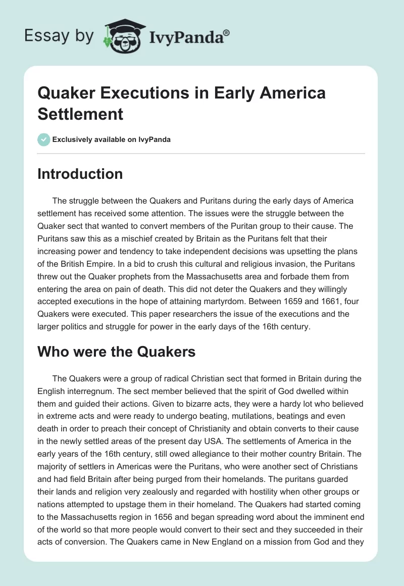 Quaker Executions in Early America Settlement. Page 1