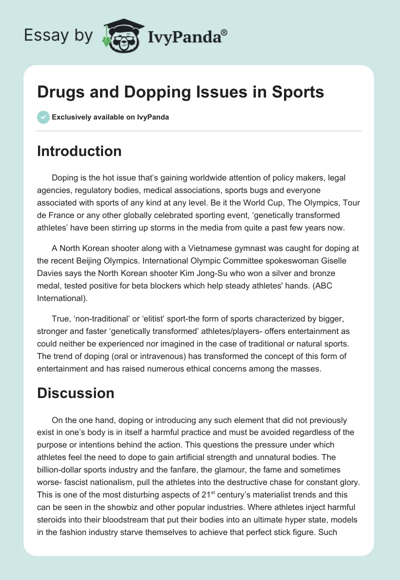 Drugs and Dopping Issues in Sports. Page 1