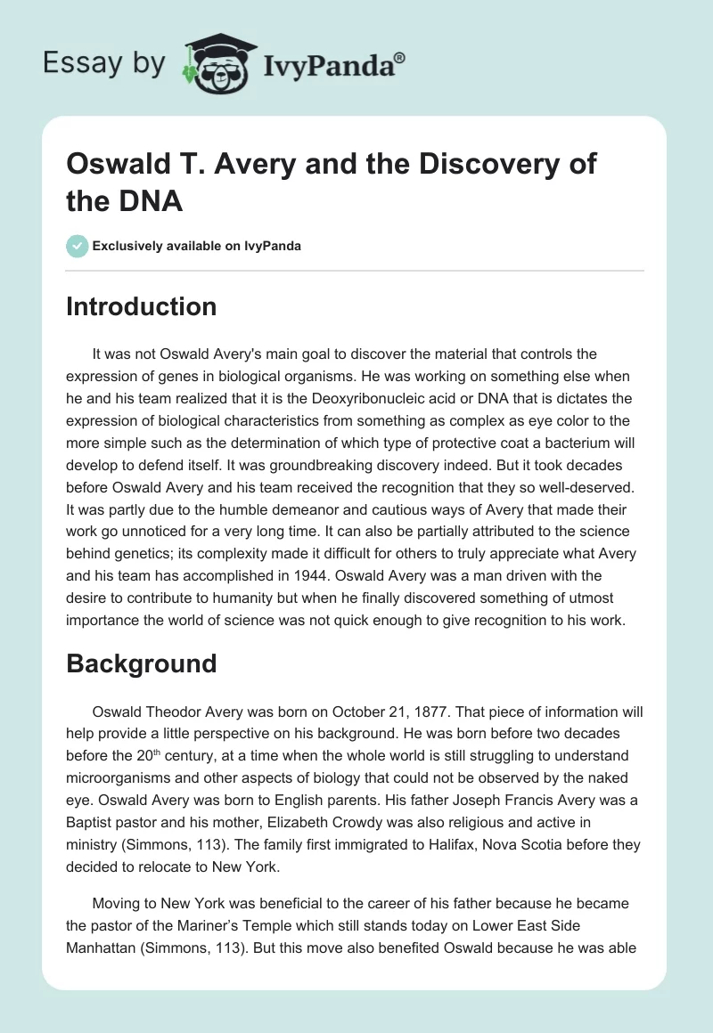 Oswald T. Avery and the Discovery of the DNA. Page 1