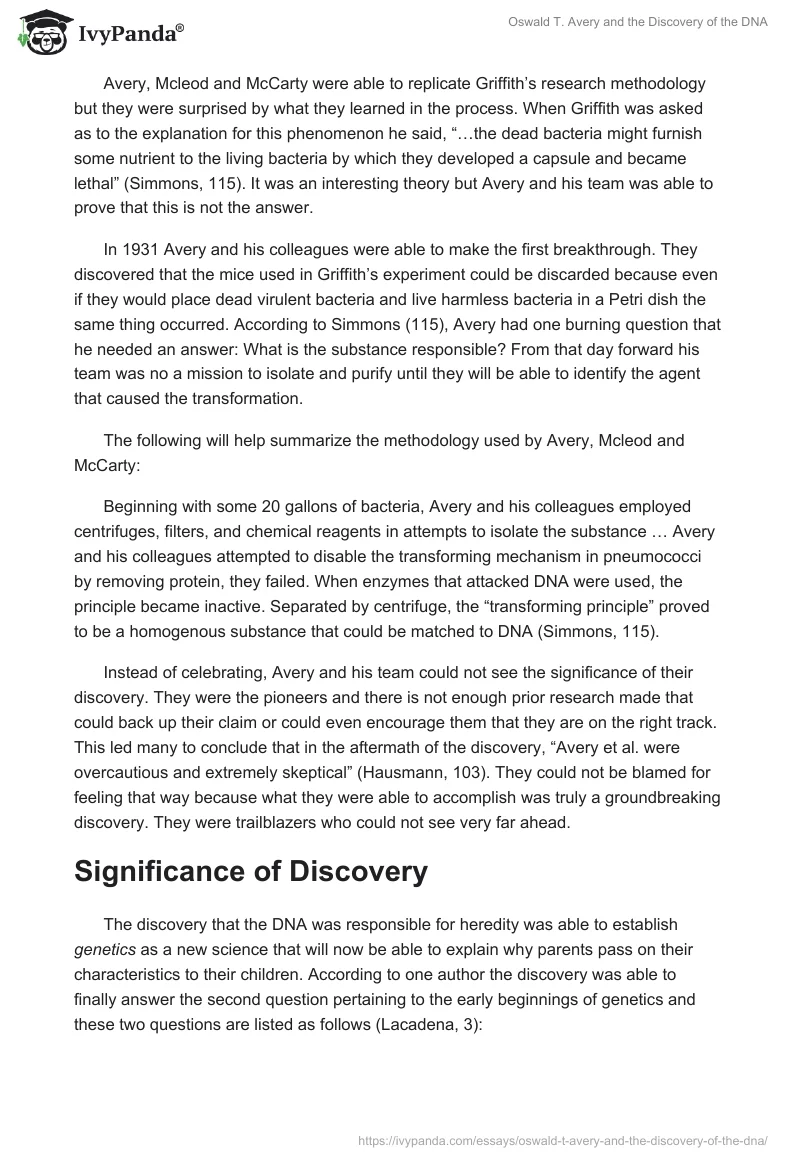 Oswald T. Avery and the Discovery of the DNA - 2429 Words | Essay Example