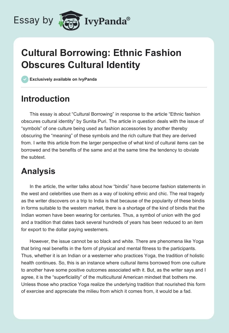 Cultural Borrowing: Ethnic Fashion Obscures Cultural Identity. Page 1
