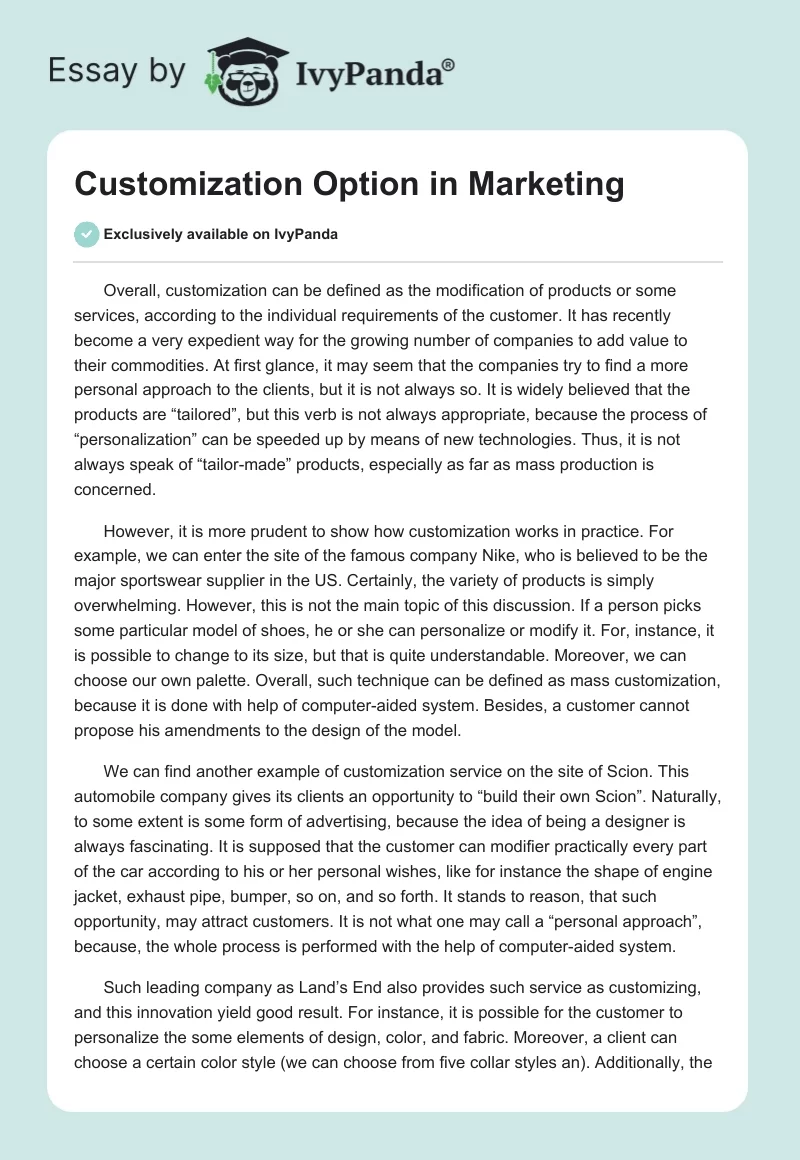 Customization Option in Marketing. Page 1