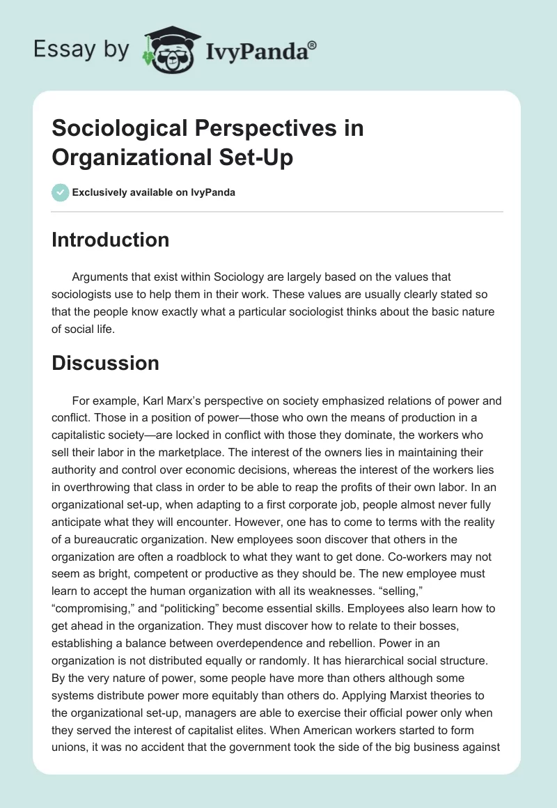 Sociological Perspectives in Organizational Set-Up. Page 1