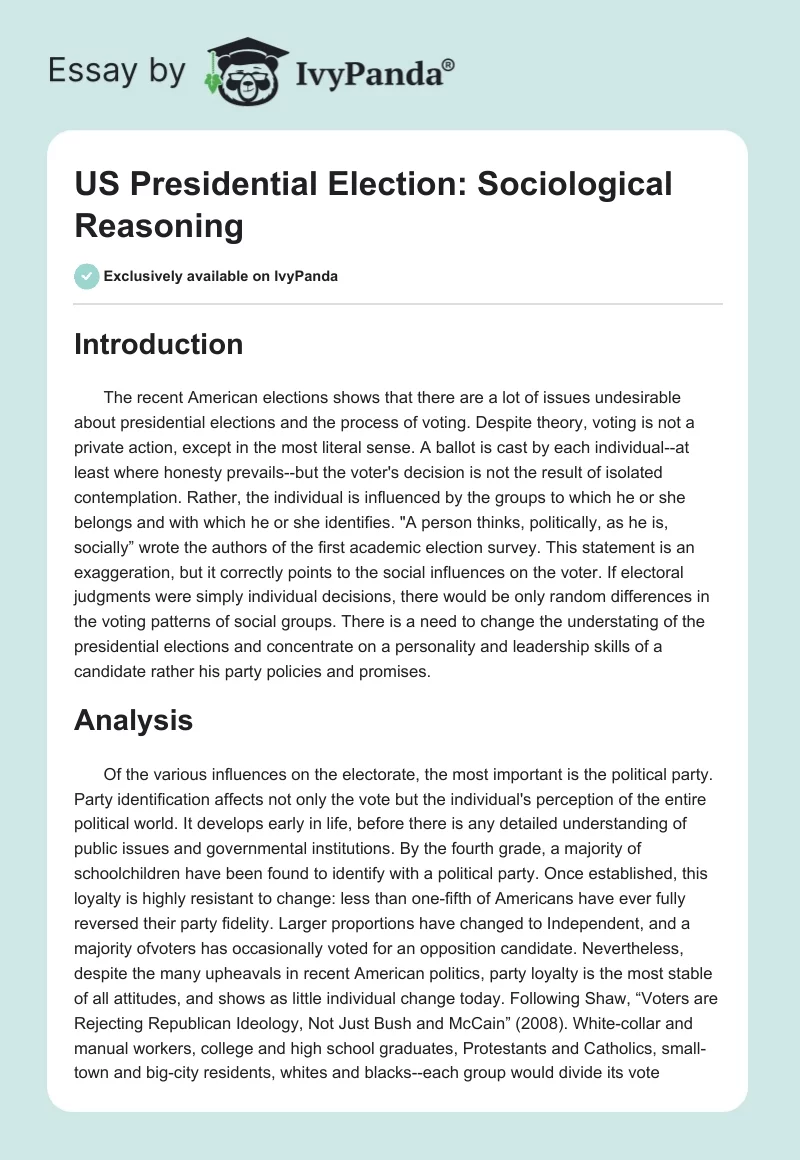 US Presidential Election: Sociological Reasoning. Page 1