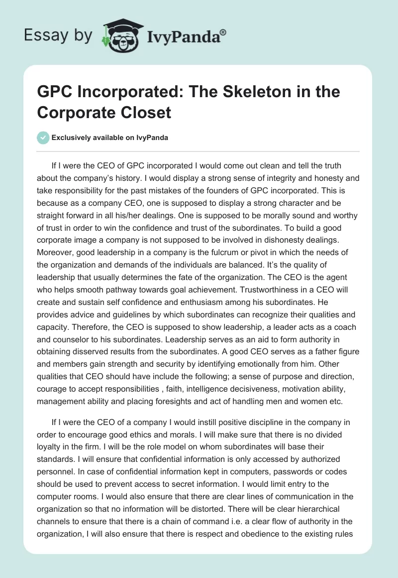 GPC Incorporated: The Skeleton in the Corporate Closet. Page 1