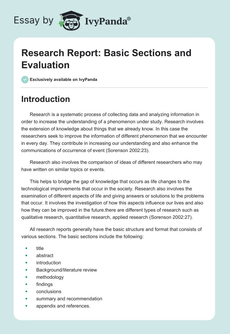 Research Report: Basic Sections and Evaluation. Page 1