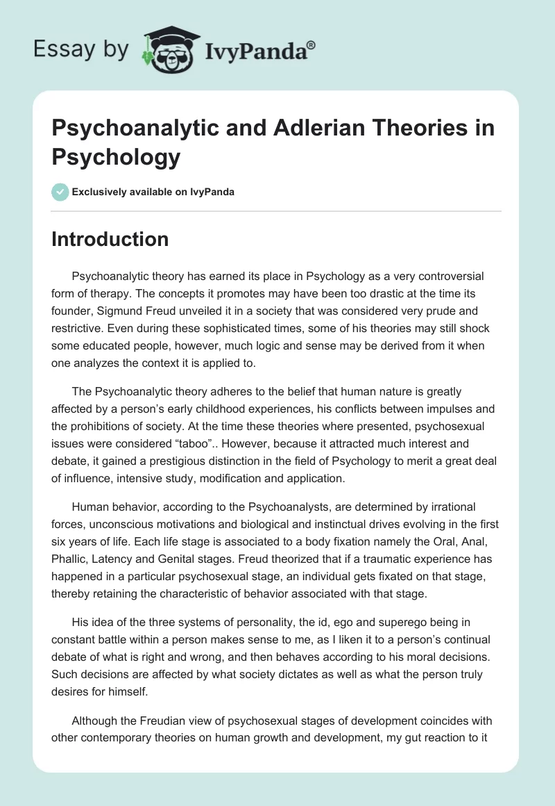 Psychoanalytic and Adlerian Theories in Psychology. Page 1