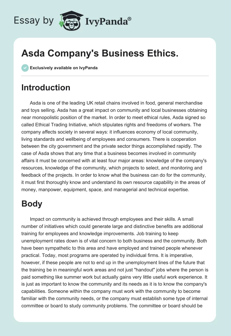 Asda Company's Business Ethics.. Page 1