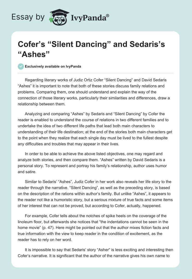 Cofer’s “Silent Dancing” and Sedaris’s “Ashes”. Page 1
