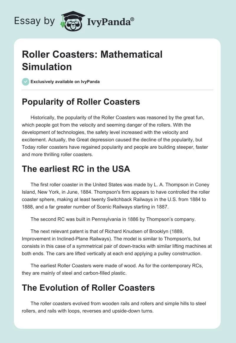 Roller Coasters: Mathematical Simulation. Page 1