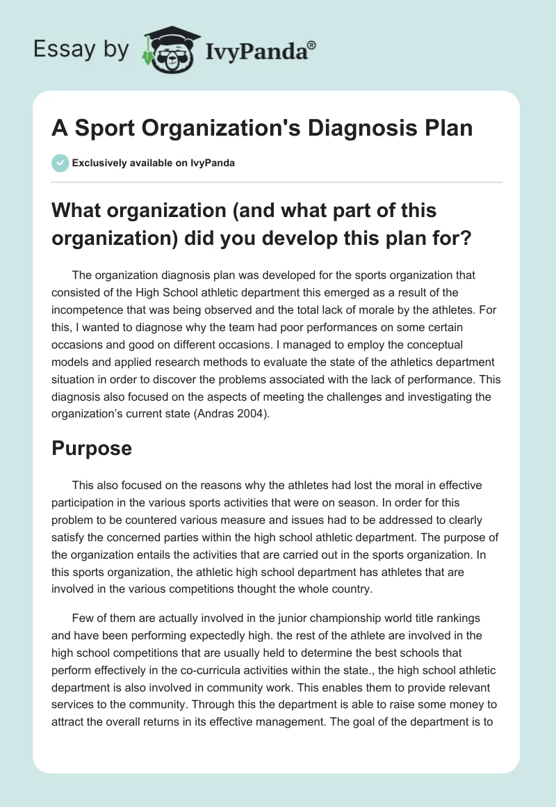 A Sport Organization's Diagnosis Plan. Page 1