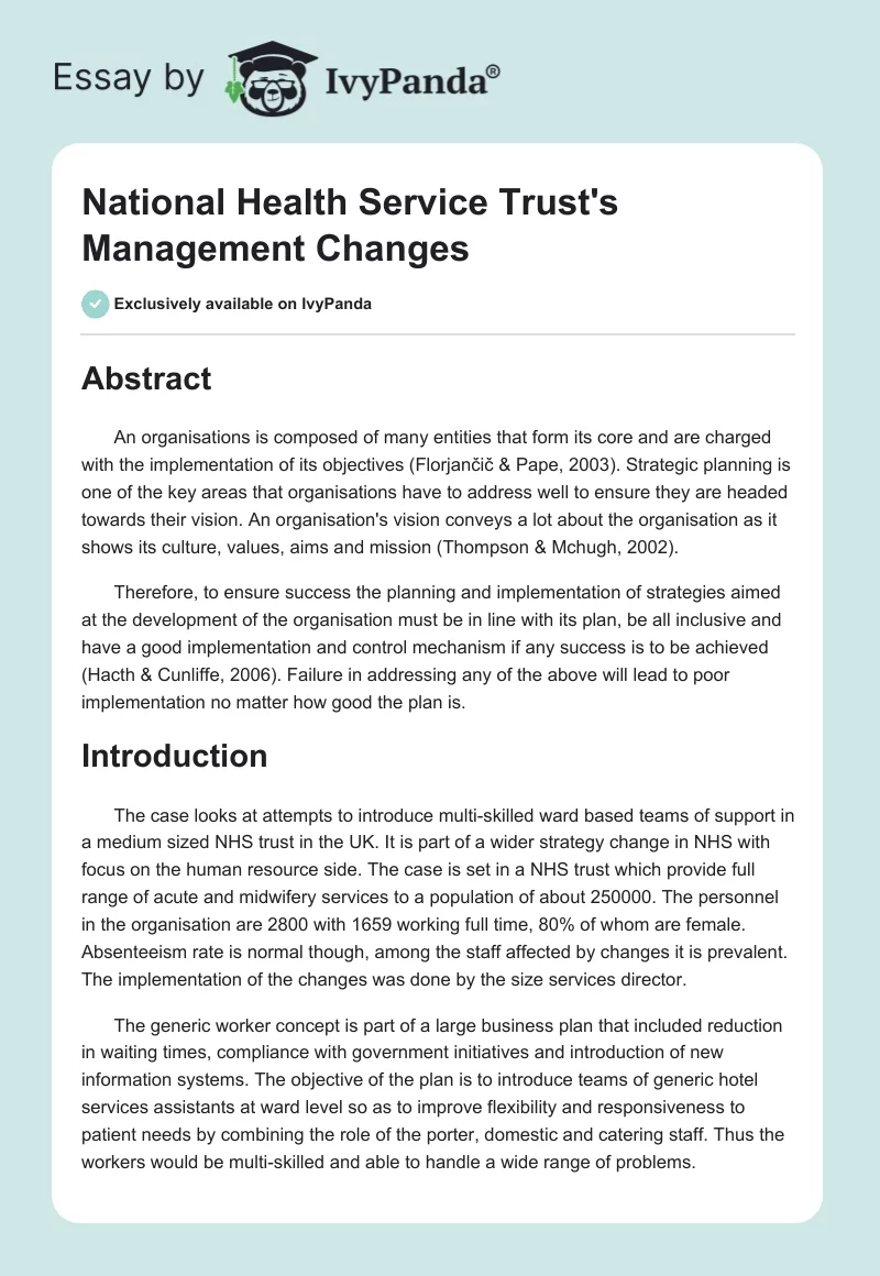 National Health Service Trust's Management Changes. Page 1