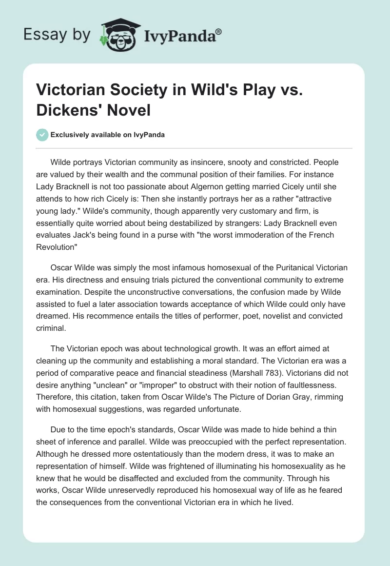 Victorian Society in Wild's Play vs. Dickens' Novel. Page 1