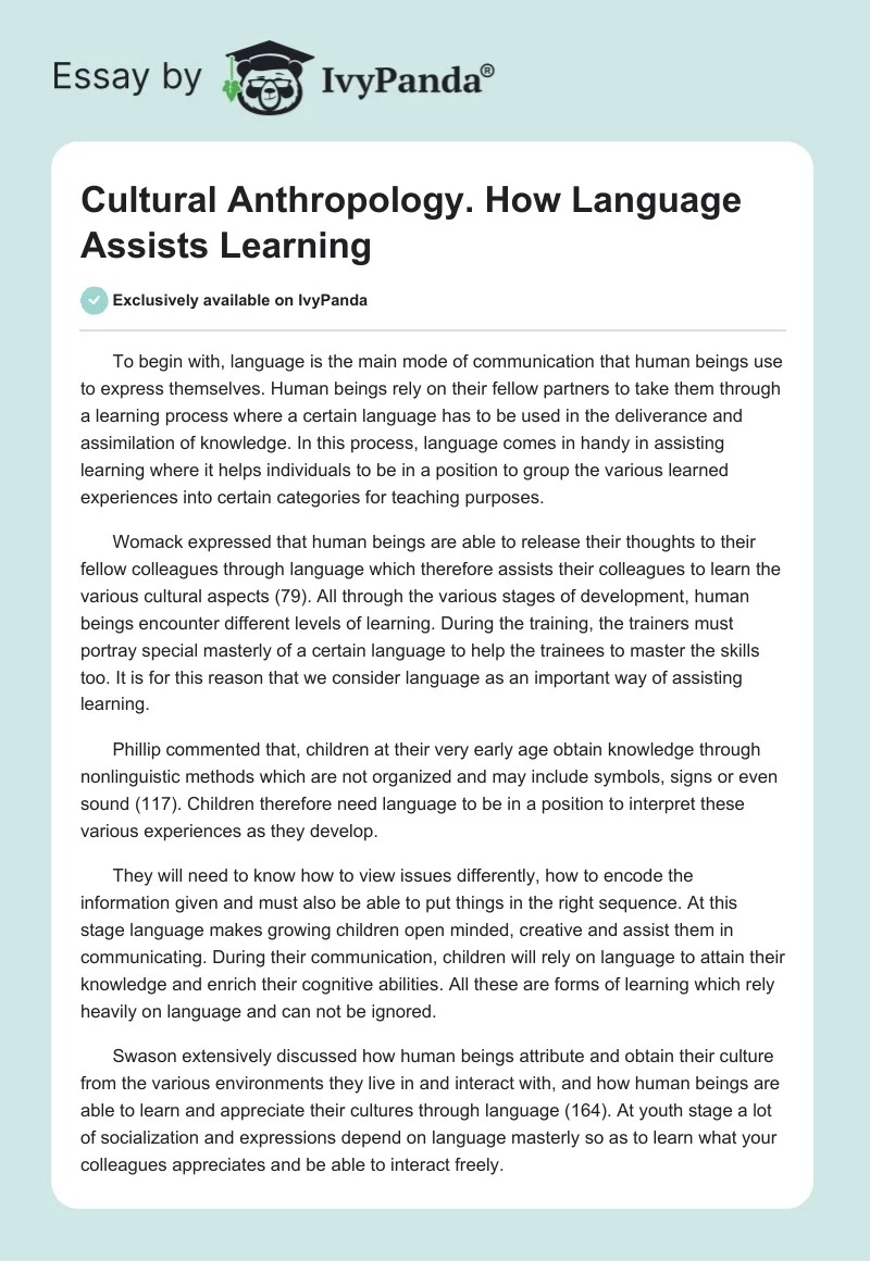 Cultural Anthropology. How Language Assists Learning. Page 1