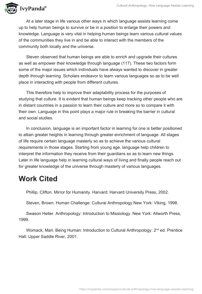 Cultural Anthropology. How Language Assists Learning. Page 2