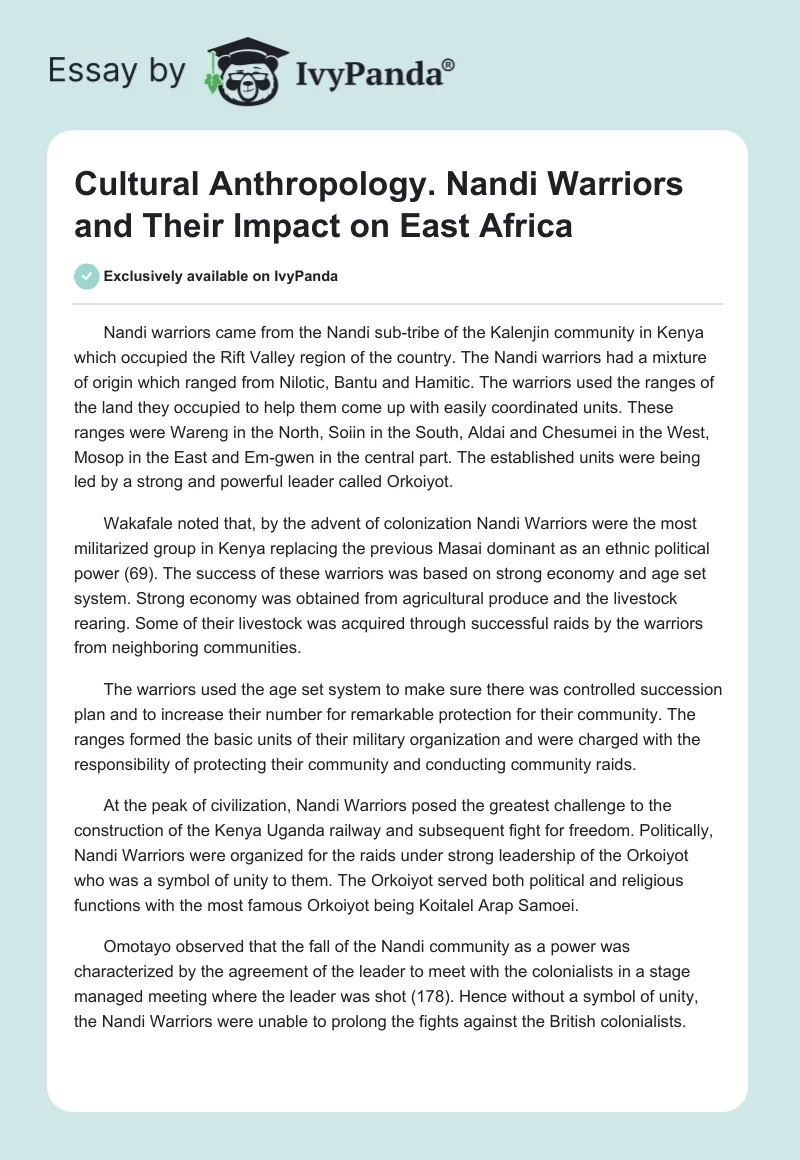 Cultural Anthropology. Nandi Warriors and Their Impact on East Africa. Page 1