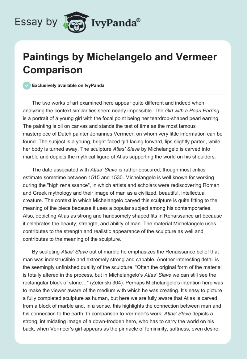 Paintings by Michelangelo and Vermeer Comparison. Page 1