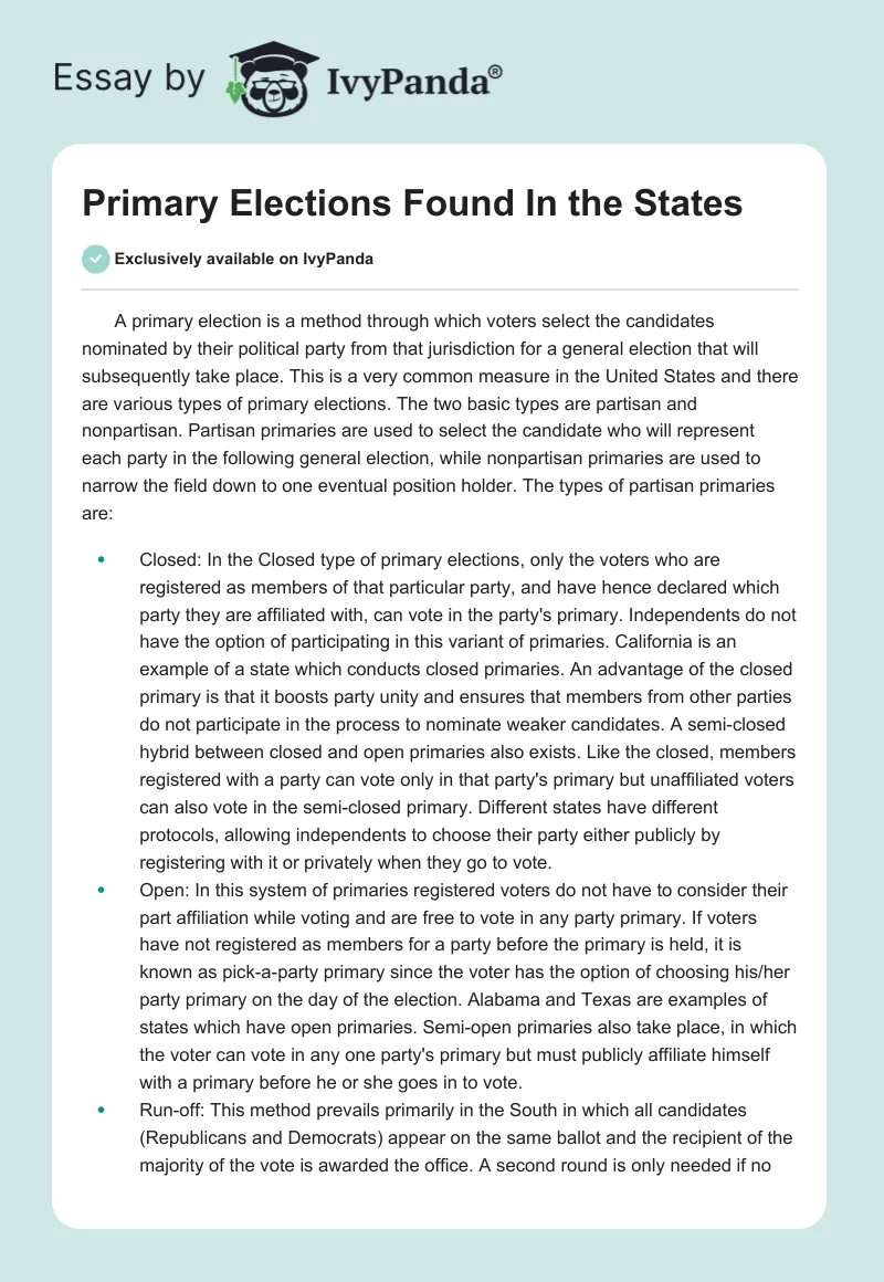 Primary Elections Found In the States. Page 1