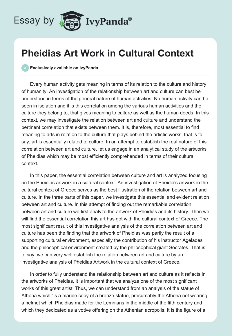 Pheidias Art Work in Cultural Context. Page 1