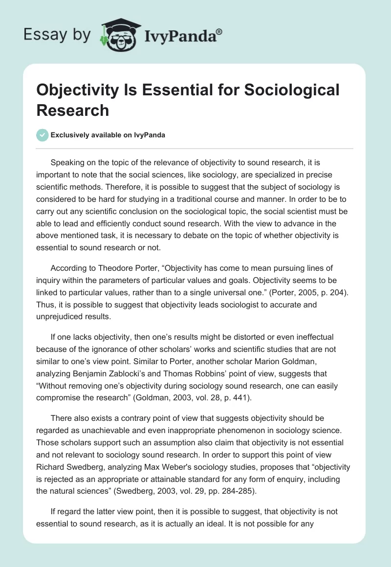 Objectivity Is Essential for Sociological Research. Page 1