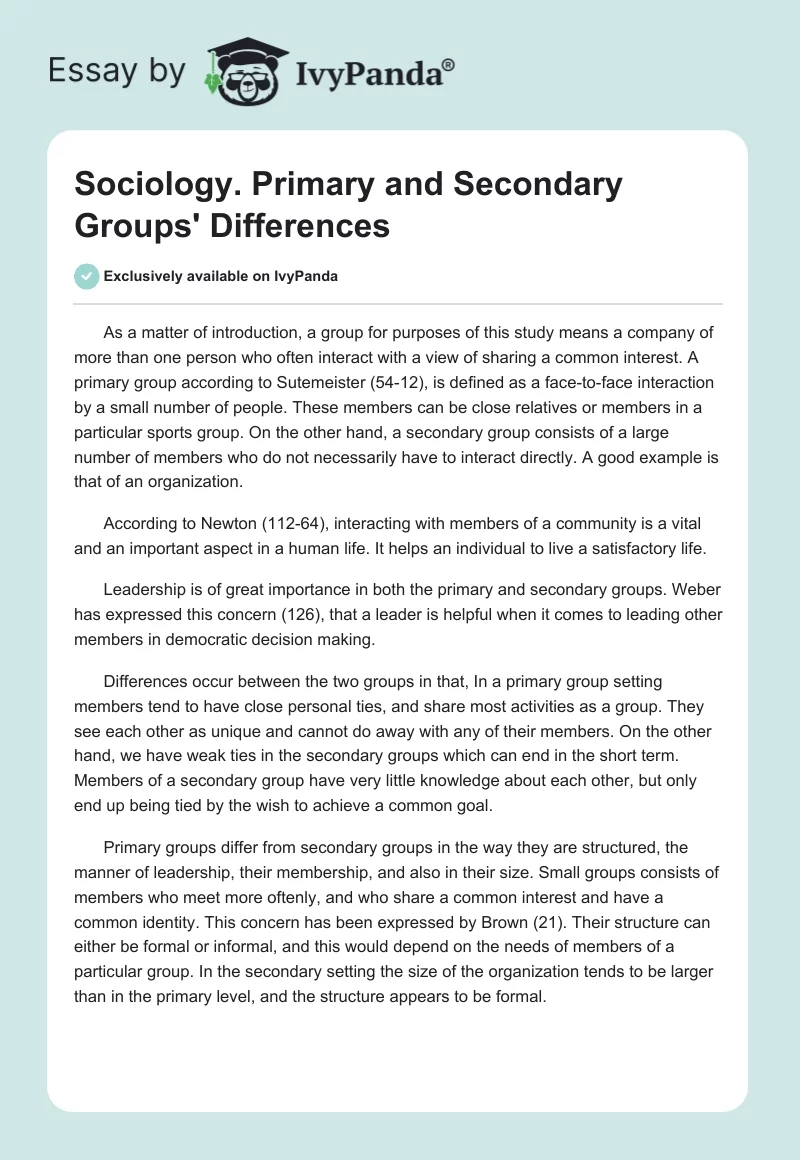 Sociology. Primary and Secondary Groups' Differences. Page 1