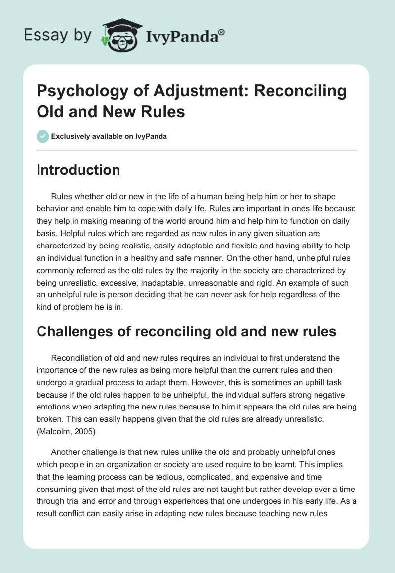 Psychology of Adjustment: Reconciling Old and New Rules. Page 1