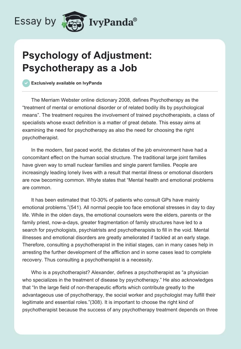 Psychology of Adjustment: Psychotherapy as a Job. Page 1