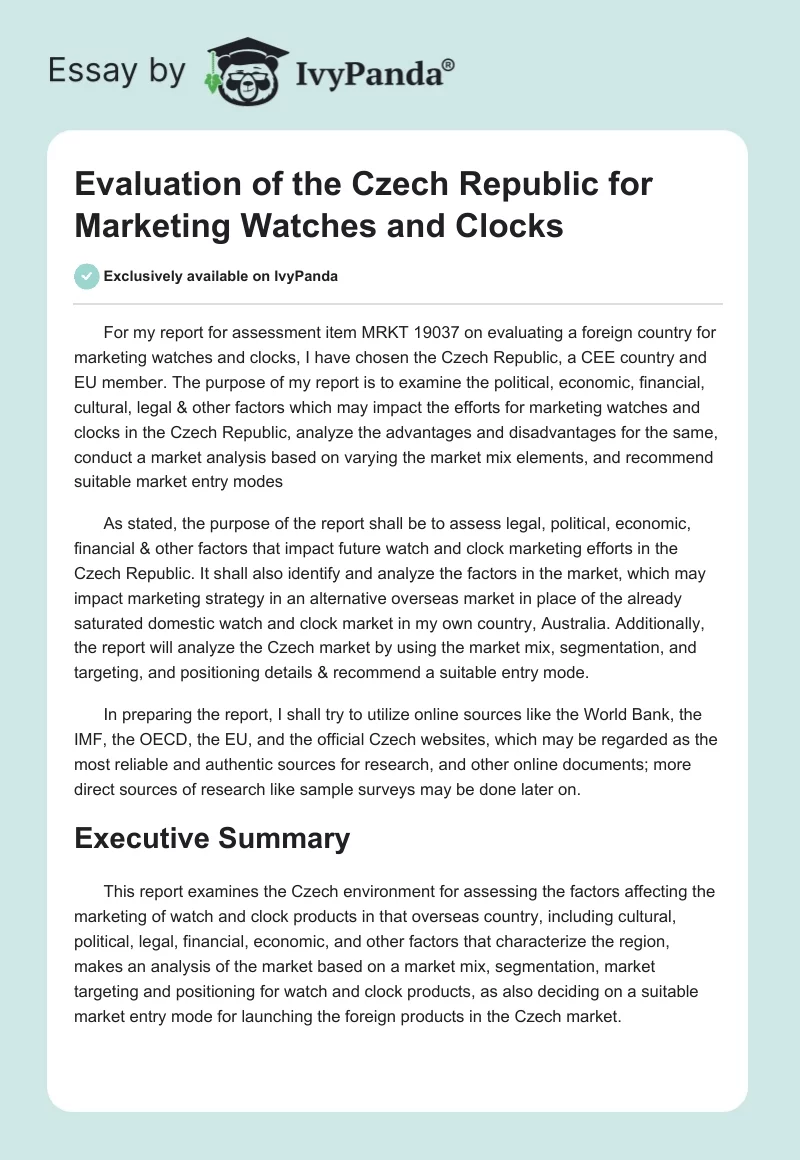 Evaluation of the Czech Republic for Marketing Watches and Clocks. Page 1