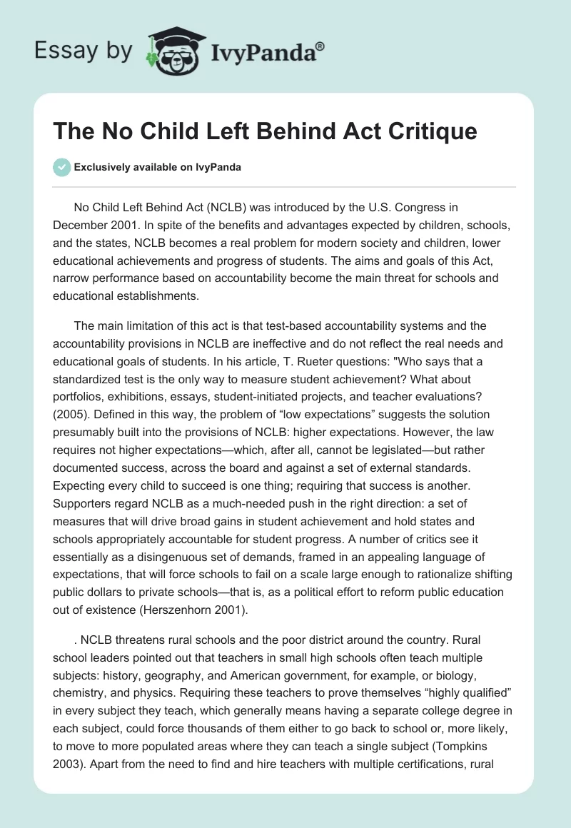 The No Child Left Behind Act Critique. Page 1